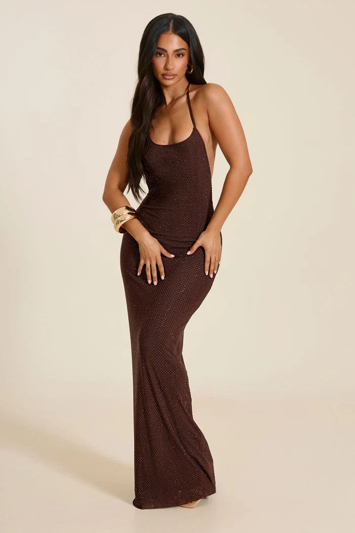 Mars The Label Marina Hotfix Maxi Dress Brown