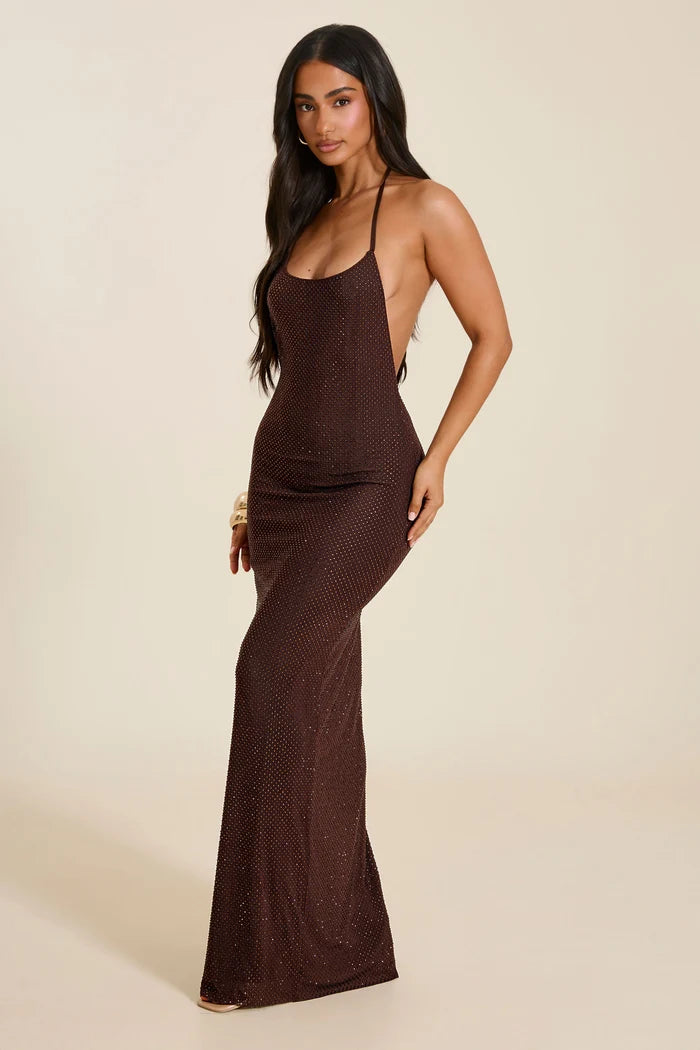 Mars The Label Marina Hotfix Maxi Dress Brown